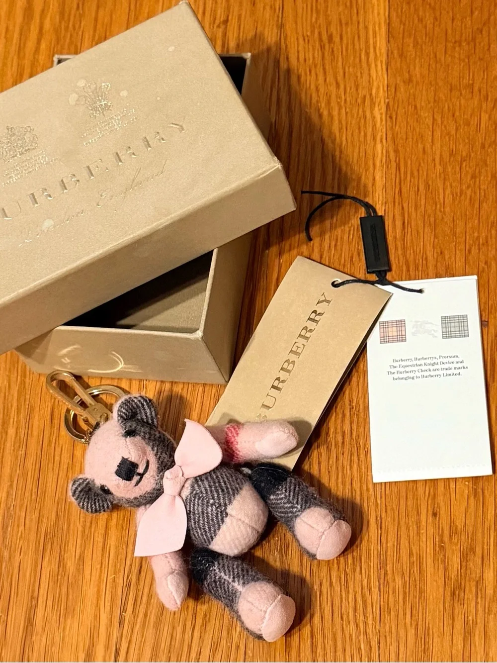 Authentic Burberry Pink & Gray Traditional Plaid Teddy Bear Bag Charm & Keyring
